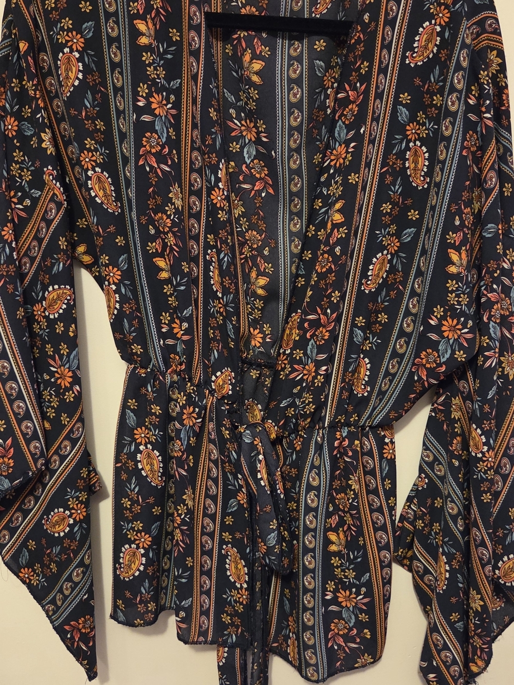 Discreet Navy Floral Wrap Dress with Rust and Mustard Accents